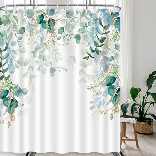 QOQIBU Sage Green Shower Curtain for Bathroom with 12 Hooks, Waterproof Enhanced Shower Curtains with Eucalyptus Leaf Plant Pattern, Floral Shower Curtain Inspired by Nature for Decoratin-72 x72