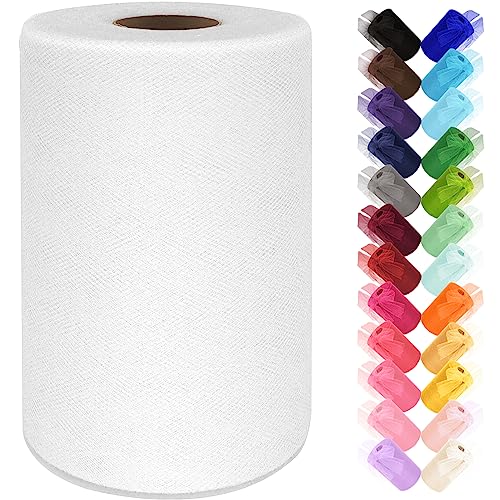 White Tulle Fabric Rolls 6 Inch by 100 Yards (300 ft) Tulle Ribbon Netting Spool for Tutu Skirt Wedding Baby Shower Birthday Party Decorations Halloween DIY Crafts Gift Wrapping, 28 Colors (White)