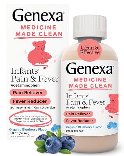 Genexa Infants’ Pain and Fever Reducer | Baby Acetaminophen, Dye Free, Liquid Oral Suspension Medicine for Infant | Delicious Organic Blueberry Flavor | 160 mg per 5mL | 2 Fluid Ounces