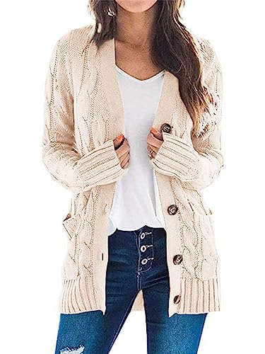 PRETTYGARDEN Women's Open Front Cardigan Sweaters Fashion Button Down Cable Knit Chunky Outwear Coats (Beige,Large)