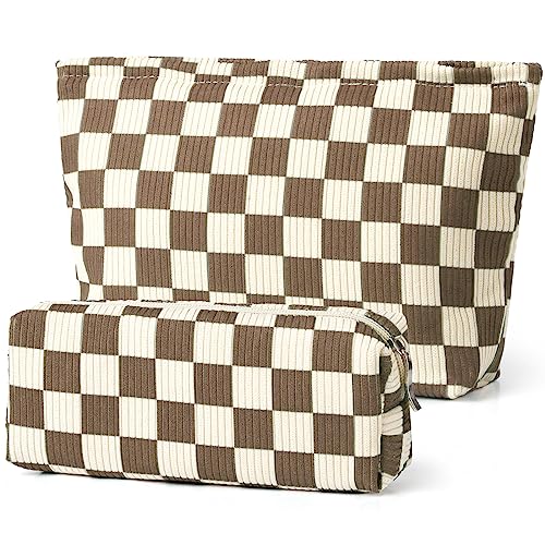 SANYETS Checkered Cosmetic Bags, Small Make Up Pouch for Purse, Beige Makeup Bag Travel Accessories, Corduroy MakeUp Organizer Bag, Aesthetic Preppy Stuff, Makeup Bag for Women