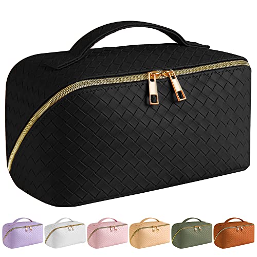 SFXULIX Large Capacity Travel Cosmetic Bag - Makeup Bag, PU Leather Waterproof Cosmetic Bag, Women Portable Travel Makeup Bag With Handle and Divider Flat Lay Makeup Organizer Bag (Black)