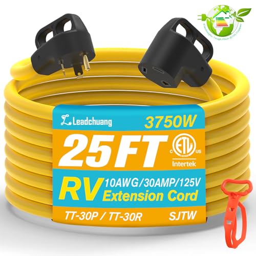 30 AMP RV Extension Cord - Leadchuang 30 AMP RV Cord 25 FT 10/3 SJTW Outdoor Extension Cord Waterproof 3750 Watts, RV Power Cord 30 amp 3 Prong Extension Cord with TT-30P/R Plugs for RV Trailer Camper