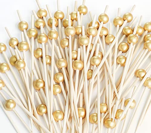 200PCS Cocktail Picks, Fancy Toothpicks for Appetizers, Decorative Skewers for Appetizers Drinks Party Fruit, 4.7 Inch Long Wooden Bamboo Gold Ball Food Sticks Charcuterie Boards Accessories