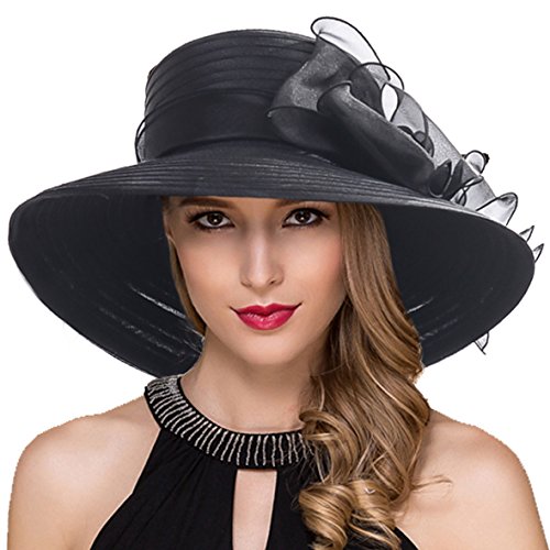Women Derby Church Dress Cloche Hat Fascinator Floral Tea Party Wedding Bucket Hat S052 (S062-Black)