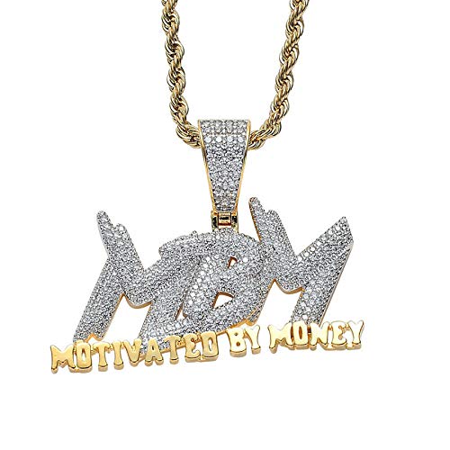 Shop-iGold Custom Men Women 14k Gold Finish Italy Iced MBM Motivation by Money Charm Ice Out Pendant Stainless Steel Real 3 mm Rope Chain, Mans Jewelry, Iced Pendant, Money Bag Rope Necklace