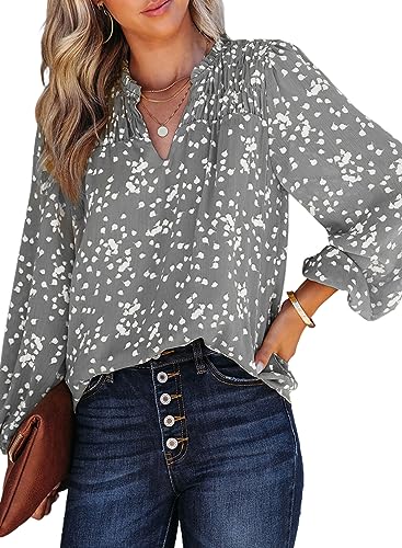 Dokotoo Womens Ladies Plus Size Summer Tops V Neck Chiffon Blouses Casual Smocked Long Sleeve Tee Shirts 2024 Trendy Work Business Bohemian Top X-Large Gray