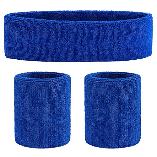 ONUPGO Blue Sweatband Set Sports Headband Wrist Striped Sweatbands Terry Cloth Wristband Athletic Exercise Basketball Wrist Sweatband and Headbands Moisture Wicking Sweat Absorbing Head Band
