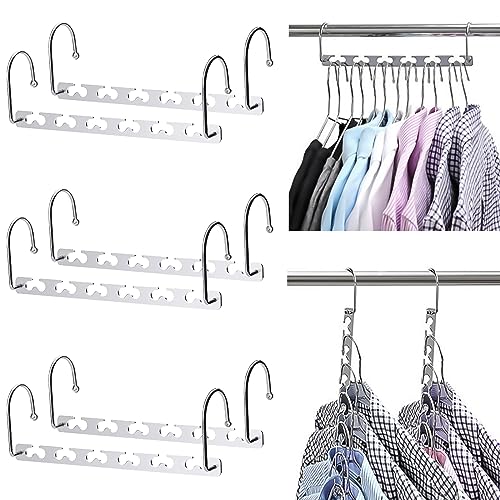 Moziral Magic Clothes Hangers Pack of 6 Smart Closet Saver – Heavy-Duty Chrome Steel, Space Saving Wonder Hanger Cascading Hangers,College Dorm Room Essentials for Wrinkle-Free Organization (Silver)