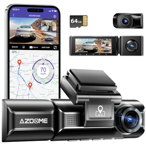 AZDOME M550 4K WiFi 3 Channel On Dash Cam, Dual Front and Rear for Car 4K+1080P Free 64GB Card, Built-in GPS 24H Parking Mode IR Night Vision WDR 3.19' IPS, Max up Support to 256GB, Easy to Install