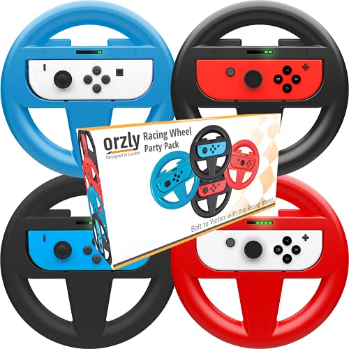 Orzly Nintendo Switch & OLED Console Steering Wheel, 4 PACK, for Mario Kart 8 Deluxe Nintendo Switch, Mariokart Switch Steering Wheel (Joycon Controller Attachments) (2x Black, 1x Wheel, 1x Red)