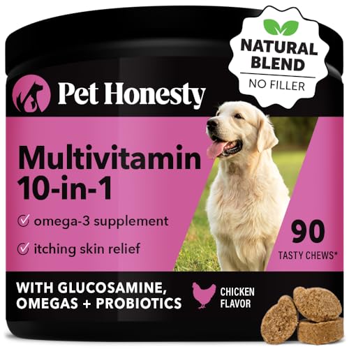 Pet Honesty Multivitamin Dog Supplement, Glucosamine chondroitin for Dogs, Probiotics, Omega Fish Oil, Dog Supplements & Vitamins, Dog Vitamins for Skin and Coat Allergies, (Chicken 90 ct)