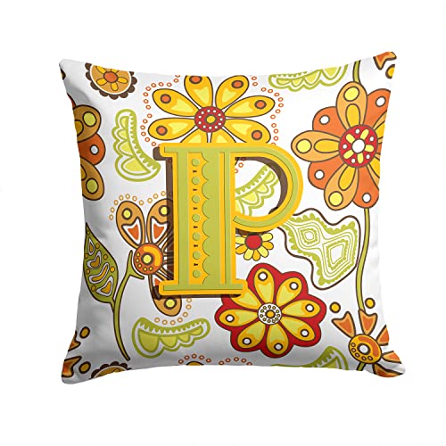 Caroline's Treasures CJ2003-PPW1414 Letter P Floral Mustard and Green Fabric Decorative Pillow 100% Machine Washable Pillow, Indoor or Outdoor Decorative Throw Pillow for Couch, Bed or Patio