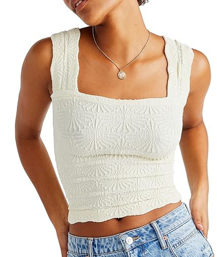 Tank Top for Women Going Out Tops Free People Doop Square Neck Crop Tops Flower Embroidery Cami Tops Beige, XS/S