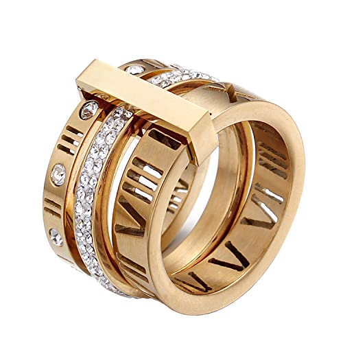 UNAPHYO Women's Stainless Steel CZ Roman Numeral 3 in 1 Trinity Band Ring Gold Rose Mix Color Size 8.75