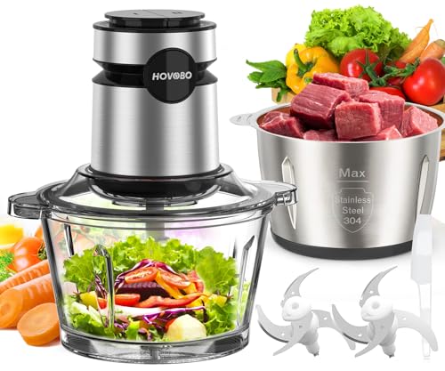 HOVOBO Food Processor, 500W Electric Meat Grinder Food Chopper with Two 8 Cup Bowls & 2 Bi-Level Blades, 2 Speed Kitchen Cutter for Vegetable, Onion, Garlic, Meat, Nuts, and Baby Food, Black