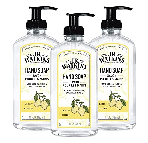 J.R. Watkins Liquid Hand Soap With Dispenser, Moisturizing Hand Soap, Alcohol-Free Hand Wash, Cruelty-Free, USA Made Liquid Soap For Bathroom or Kitchen, Lemon, 11 Fl Oz, 3 Pack