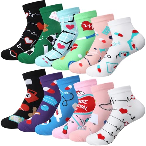 Breathffy 12 Pairs Nurse Compression Socks for Women and Men Circulation 15-20 Mmhg Ankle Compression Socks Novelty Funny Nurse Gifts for Nurses Doctors Assistant Athletic Outdoor Sport Supply