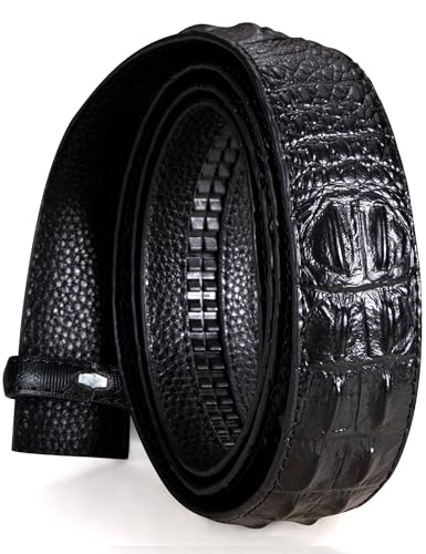 Barry.Wang Designer Mens Belt without Buckle Crocodile Strap 1 3/8”Ratchet Black Genuine Leather Belts Alligator Wedding