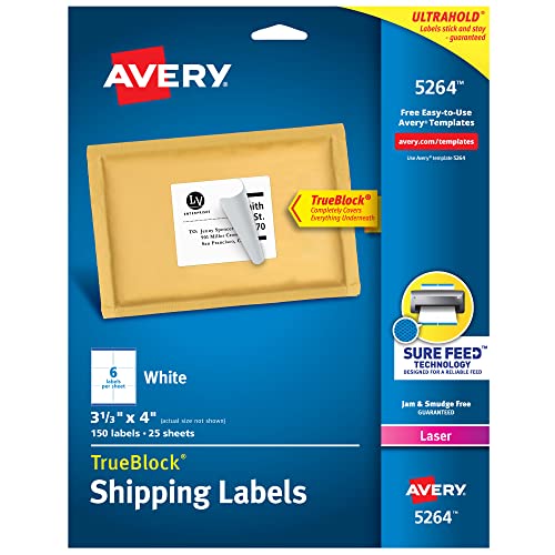 Avery Printable Shipping Labels with Sure Feed, 3-1/3' x 4', White, 150 Blank Mailing Labels (5264)