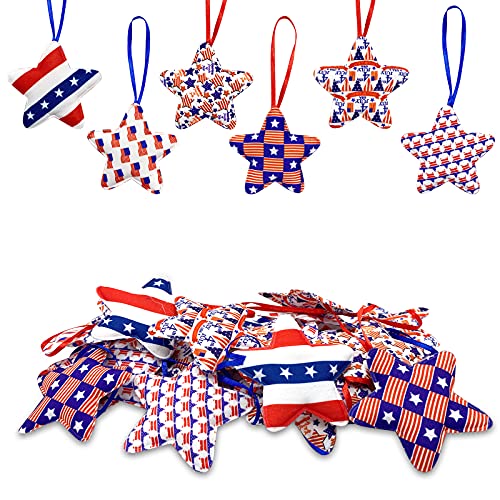 Deloky 30 Pcs Independence Day Hanging Stars- 2.7 x 5.3 Inch 4th of July Patriotic Fabric Wrapped Stars Ornament- Red White Blue Stars Tree Ornaments for Memorial Day Veteran Day Hanging Decorations