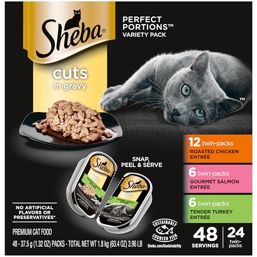 SHEBA Perfect Portions Cuts in Gravy Wet Cat Food Trays, Roasted Chicken, Gourmet Salmon and Tender Turkey Entrée Variety Pack, Easy Peel Twin-Pack Trays, 1.32 Ounce (Pack of 48)