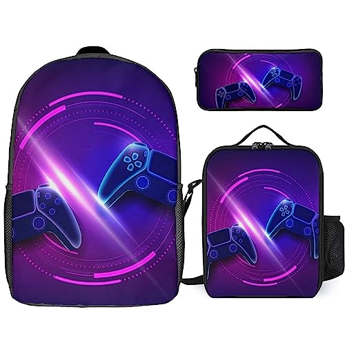NAWFIVE Neon Game Controllers Backpack with Lunch Box And Pencil Case Set Joysticks Game Console Travel Daypack Bookbag for Men Women Laptop Backpack 3pcs