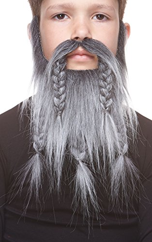 Mustaches Self Adhesive Viking Dwarf Fake Beard for Kids, Novelty, Small False Facial Hair, Costume Accessory for Children, Salt and Pepper Color