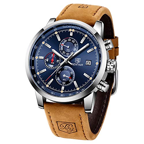 BENYAR Waterproof Quartz Men Watch, Fashionable Chronograph Analog Water-Resistant Business Brown Leather Watches