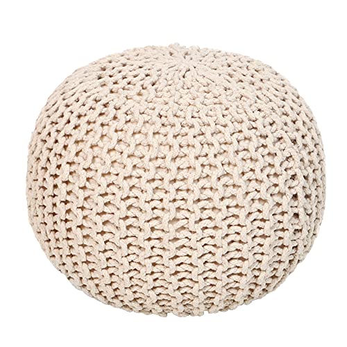 REDEARTH Round Pouf Ottoman - Cable Knitted Boho Poof - Home Décor Cord Pouffe Handmade Circular Footrest for Living Room - Bedroom - Kids Bedroom - 100% Cotton Pouf (18' x 18' x 14') - Ivory