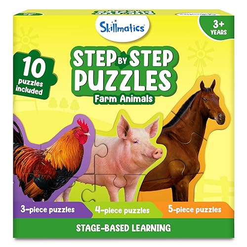 Skillmatics Step by Step Puzzle - 40 Piece Farm Animal Jigsaw & Toddler Puzzles, Educational Montessori Toy for Boys & Girls, Gifts for Kids Ages 3, 4, 5 and Up