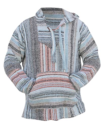 Del Mex Deluxe Mexican Baja Hoodie Sweatshirt Pullover Jerga Surf Poncho Drug Rug (White/Rust/Blue, X-large)
