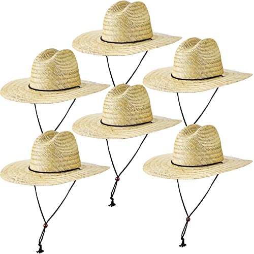 SEEWEY 6 Pieces Men's Straw Sun Hat Wide Brim Summer Beach Hat Farmer Sun Protection Straw Hat with Removable Wind Lanyard Yellow