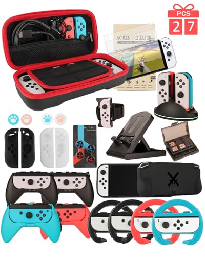 Switch OLED Accessories - Arisll Family Bundle Gift Set for Nintendo Switch OLED, Carry Case& Screen Protector.4 Pack Joy Con Grips and Steering Wheels, Case Cover,Stand Mount,Joy Con Charger and More