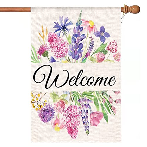 Winotic Summer Decor House Flag 28x40 Inches, Watercolor Flower Floral Leaves Welcome Flag Vertical Double Sided, Farmhouse Outdoor Spring Summer Decoration Large Flag for Yard Lawn Home Decor (Pink