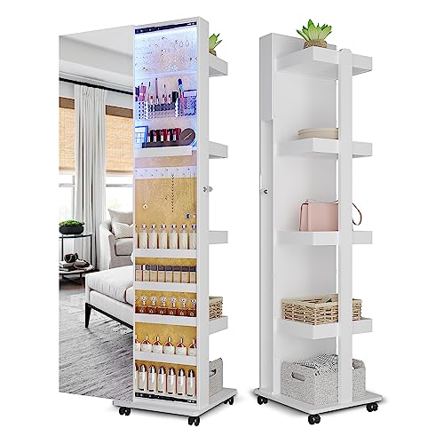 Lvifur 360° Rotating 63'' LED Jewelry Armoire,Full Length Mirror Large Capacity Floor Standing 3 Color Dimmable Jewelry Organizer Armoire with 4 rollers,Rear Storage Shelves