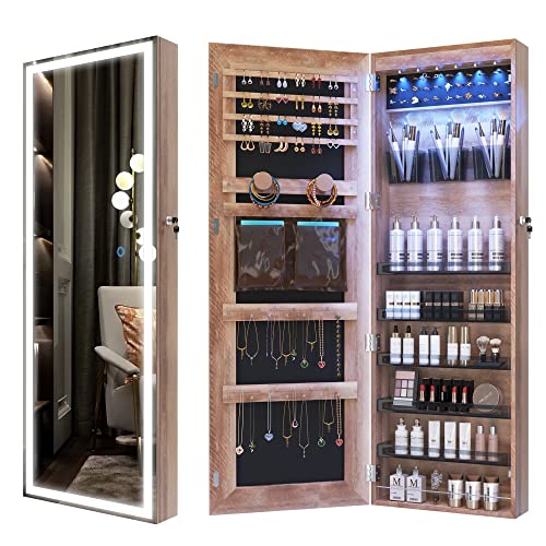 LVSOMT LED Wall/Door Mounted Jewelry Cabinet Armoire, Full Length Mirror with Lights, Lockable Storage Organizer, Over the Door Hanging Body Mirror (Wood)