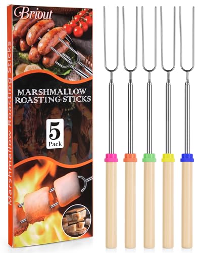Briout Marshmallow Roasting Sticks - Smores Stick for Fire Pit - Hot Dog Campfire Skewers Marshmallow Camping 32 Inch Long Extendable Forks - 5 Pack