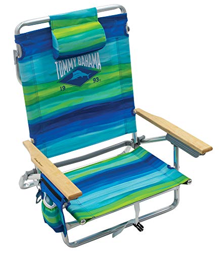 Tommy Bahama 5-Position Classic Lay Flat Folding Backpack Beach Chair, Blue and Green Stripe , 23' x 25.25' x 31.5'