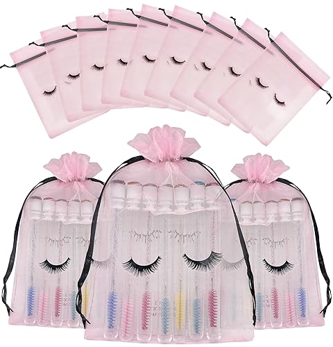 Jexila 100 Pack Lash Bags for Clients Eyelash Aftercare Extension Kit Bags Mesh Drawstring Organza Pouch Makeup Bag Cosmetic Sample Bag for Women Business Supplies (5 x 7 Inch, Pink Plus Black)