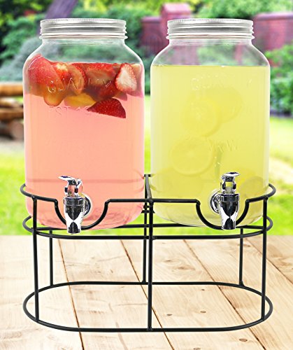 Estilo Glass Double Drink Dispenser with Stand - Set of 2, 1 Gallon Glass Beverage Dispenser with Stand, Glass Drink Dispenser, Glass Jar with Lid, Mason Jar for Weddings, Juice Dispensers for Parties