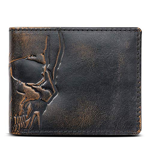 HoJ Co. SKULL Bifold Wallet for Men | Extra Capacity Two ID Windows | Full Grain Leather Wallet With Hand Burnished Finish | Multi Card Capacity | Skull Men's Wallet