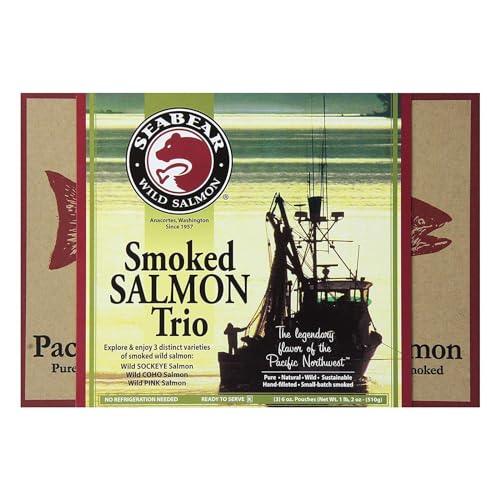 SeaBear - Premium Wild Alaskan Smoked Sockeye, Coho, and Pink Salmon Trio - 18oz Box