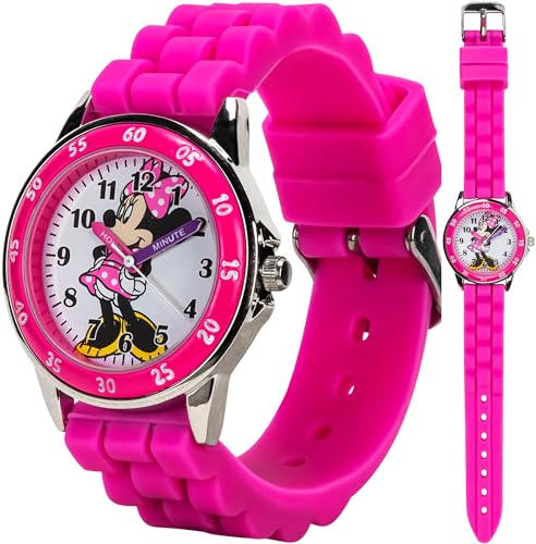 Minnie Mouse Kids' Analog Watch by Accutime - Pink Bezel, Strap & Dial, Time-Teacher Model MN1157