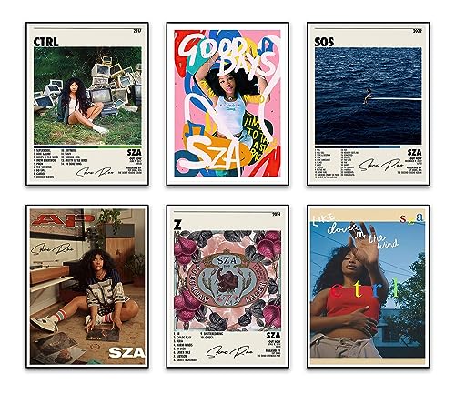 Lyizeba Sza Poster Music Canvas Wall Art Album Cover Signed Limited Posters Set of 6 Teenager Room Decor Aesthetic Retro for Bedroom Decor 8x10 inches (20x25cm) Unframed