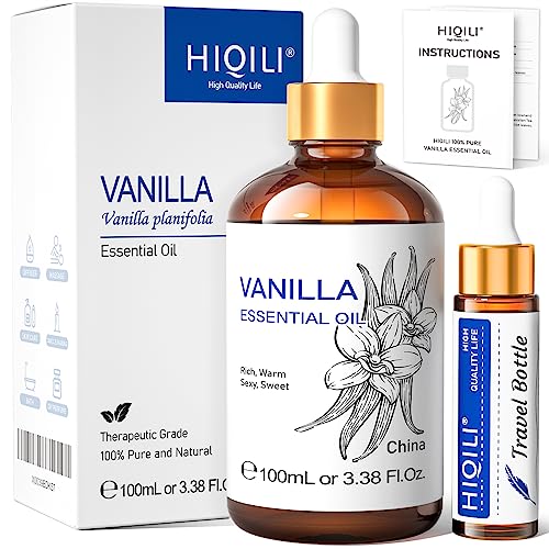 HIQILI Vanilla Essential Oil-Strong Fragrance and Lasting for Diffuser,Body Bath,Candle Making -3.38 Fl Oz