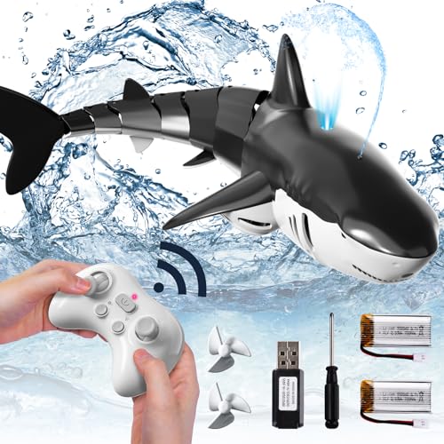 Bennol 2.4Ghz Remote Control Shark Toys for Boys Kids, 1:18 Scale High Simulation Shark for Pool, Electric RC Shark Fish Toys with Light & Spray Water Function for 4 5 6 7 8 9 Year olds Kid Boys Girls