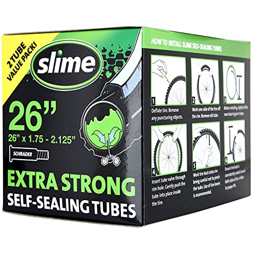 Slime 30074 Bike Inner Tubes with Slime Puncture Sealant, Extra Strong, Self Sealing, Prevent and Repair, Schrader Valve, 26'x1.75-2.125', Value 2-Pack