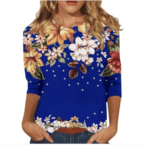 3/4 Sleeve T Shirts for Women 2024 Clearance,3/4 Length Sleeve Womens Tops Summer Loose Floral Crewneck T Shirts Casual,Blue,3X-Large