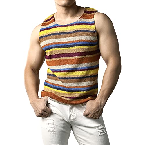 JOGAL Mens Rainbow Striped Sleeveless Shirts Multicolored Casual Tank Tops Brown Small